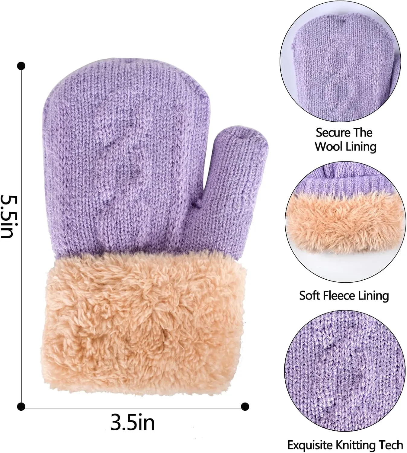 2 Pairs Kids Winter Knit Gloves Boys Girls Warm Thermal Cable Knitted Gloves 2-6-10-14 Year Wool Fleece Lined Mittens