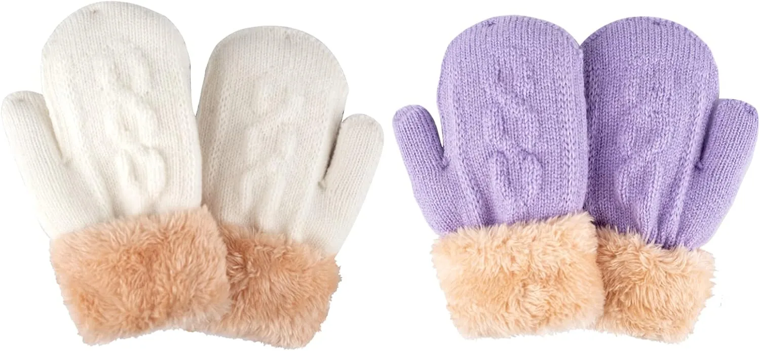 2 Pairs Kids Winter Knit Gloves Boys Girls Warm Thermal Cable Knitted Gloves 2-6-10-14 Year Wool Fleece Lined Mittens