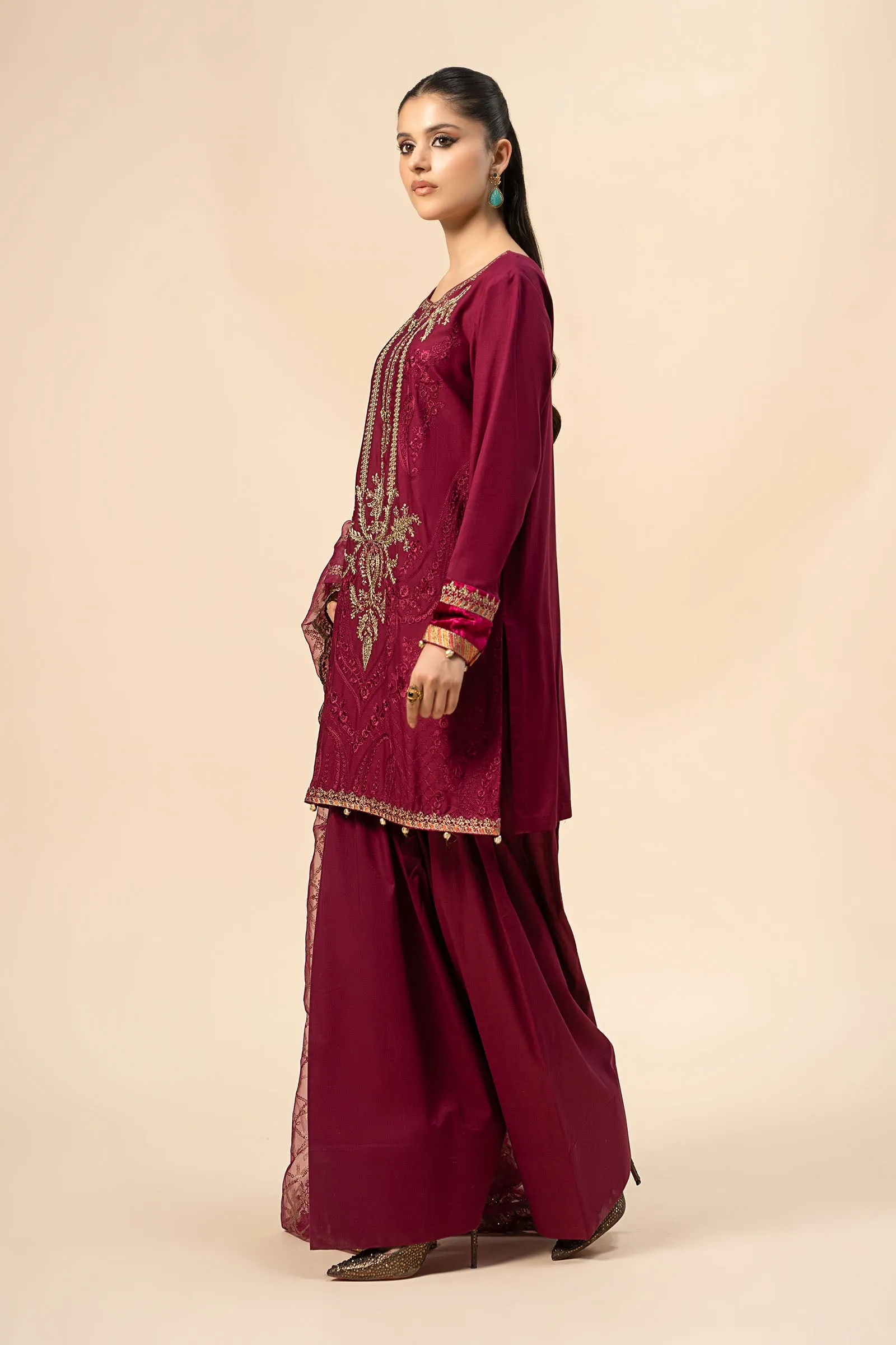 3 Piece Embroidered Linen Suit | DW-W24-106