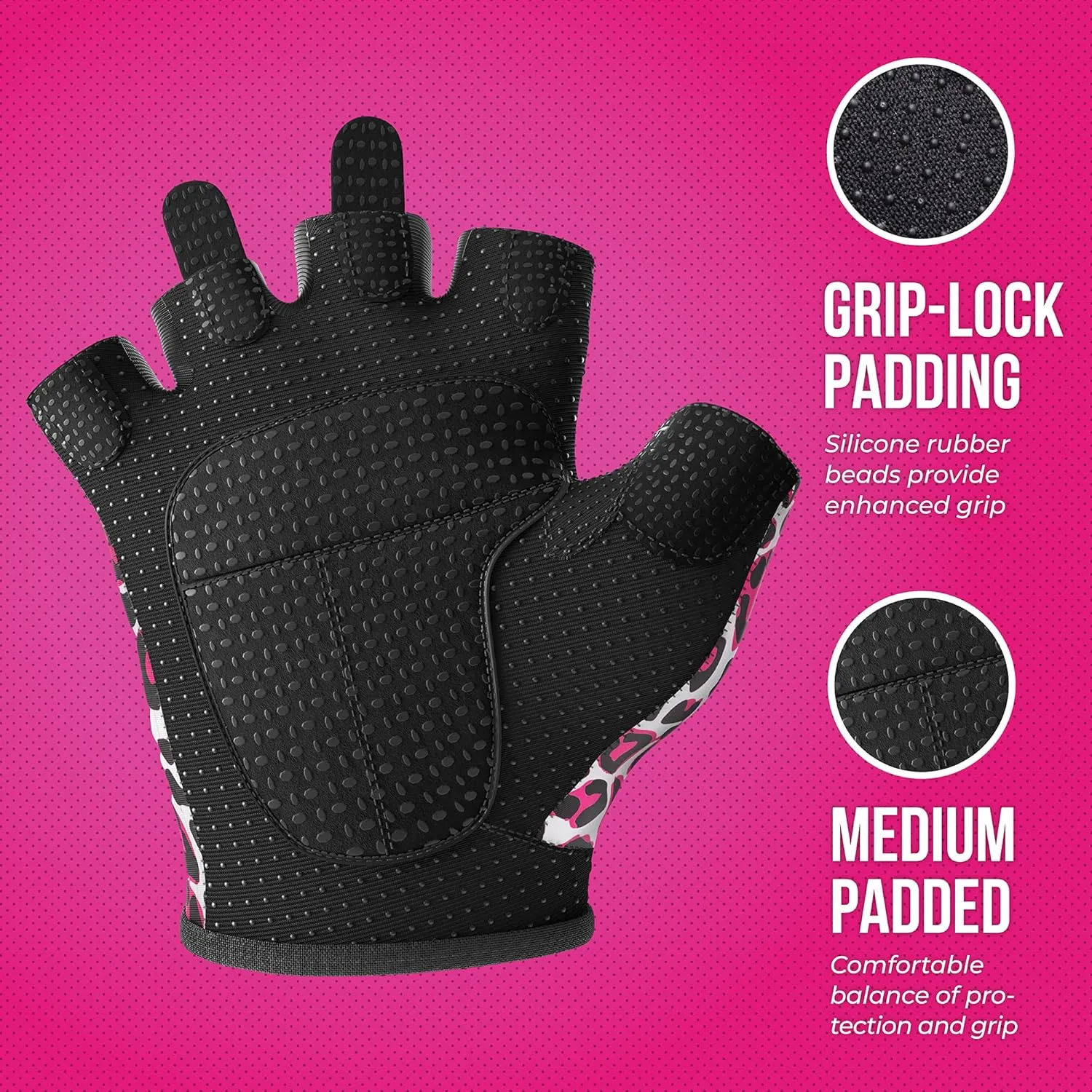 5297 Womens Design Series Leopard Print Lifting & Rowing Gloves (Pair) - Lightweight Vegan Medium Padded Microfiber Amara Leather w/Griplock Silicone