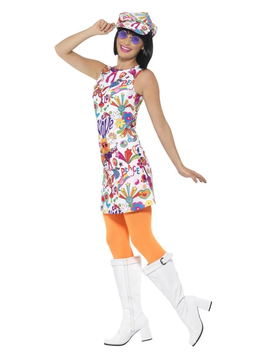 60s Groovy Chick Costume Adult Dress Hat Multi Coloured