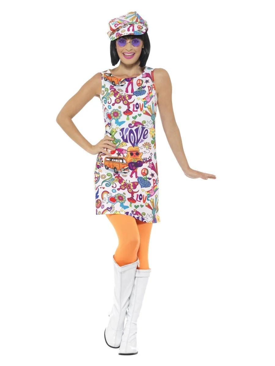 60s Groovy Chick Costume Adult Dress Hat Multi Coloured