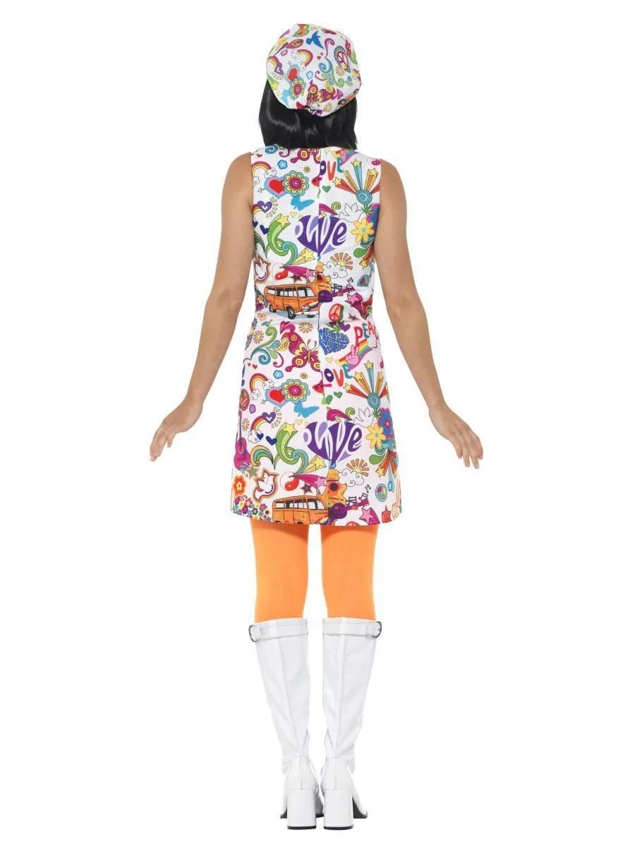 60s Groovy Chick Costume Adult Dress Hat Multi Coloured