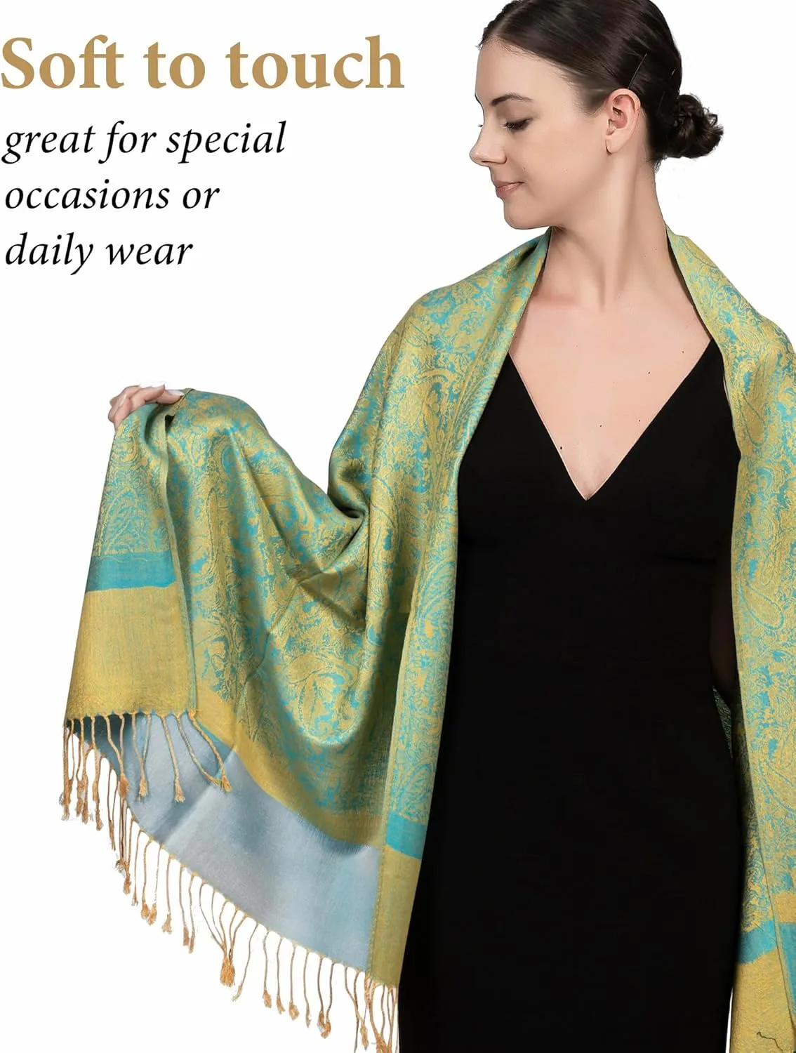 Achillea Two Tone Vintage Paisley Pashmina Scarf, Shawls and Wraps for Dresses, Lightweight Scarf for All Season