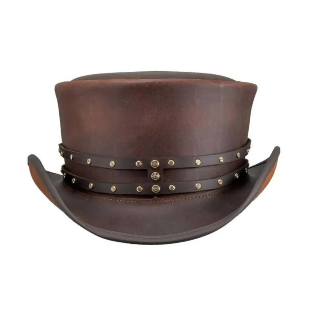 Brown Rivet Leather Top Hat