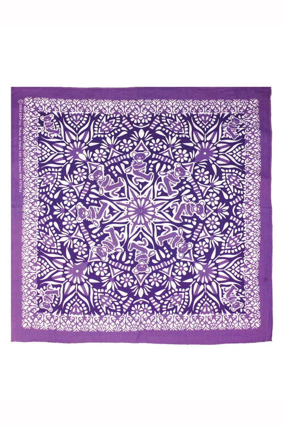 Cotton Grateful Dead Dancing Bear Bandana Scarf 22x22 Red Purple Green