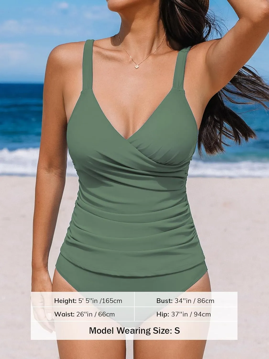 CUPSHE Women's Tankini Sets Surplice V Neck Two Piece Bathing Suits Adjustable Straps Shirred Mid Rise Swimwear