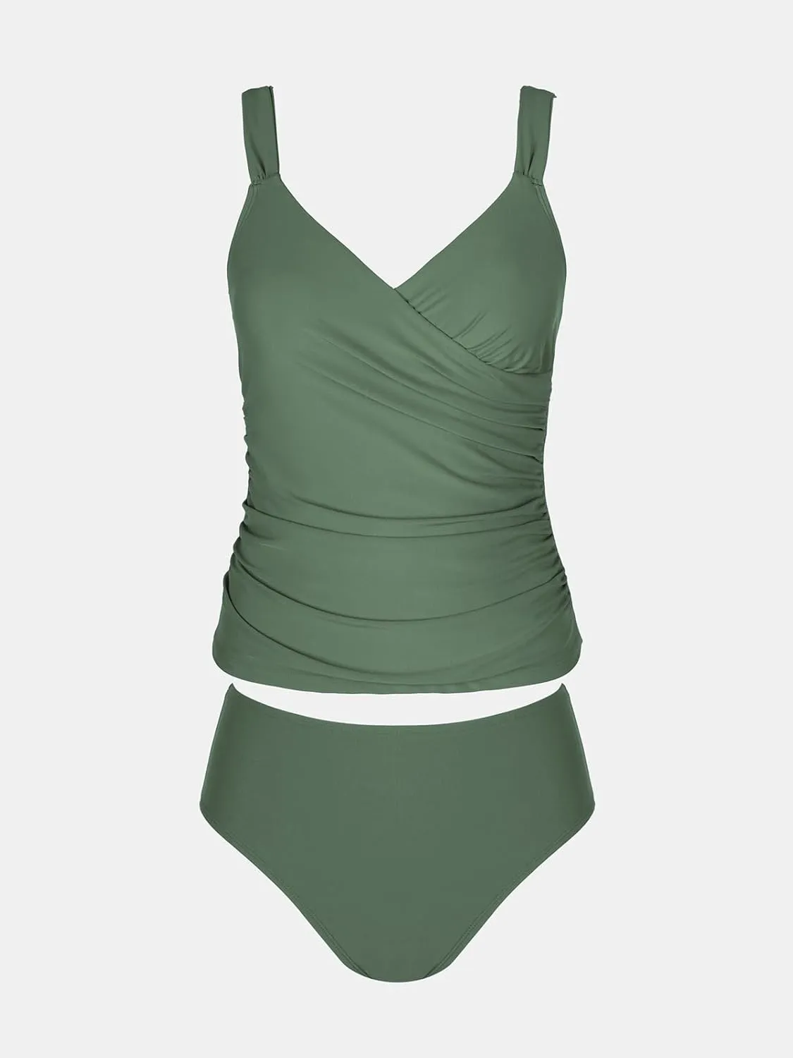 CUPSHE Women's Tankini Sets Surplice V Neck Two Piece Bathing Suits Adjustable Straps Shirred Mid Rise Swimwear