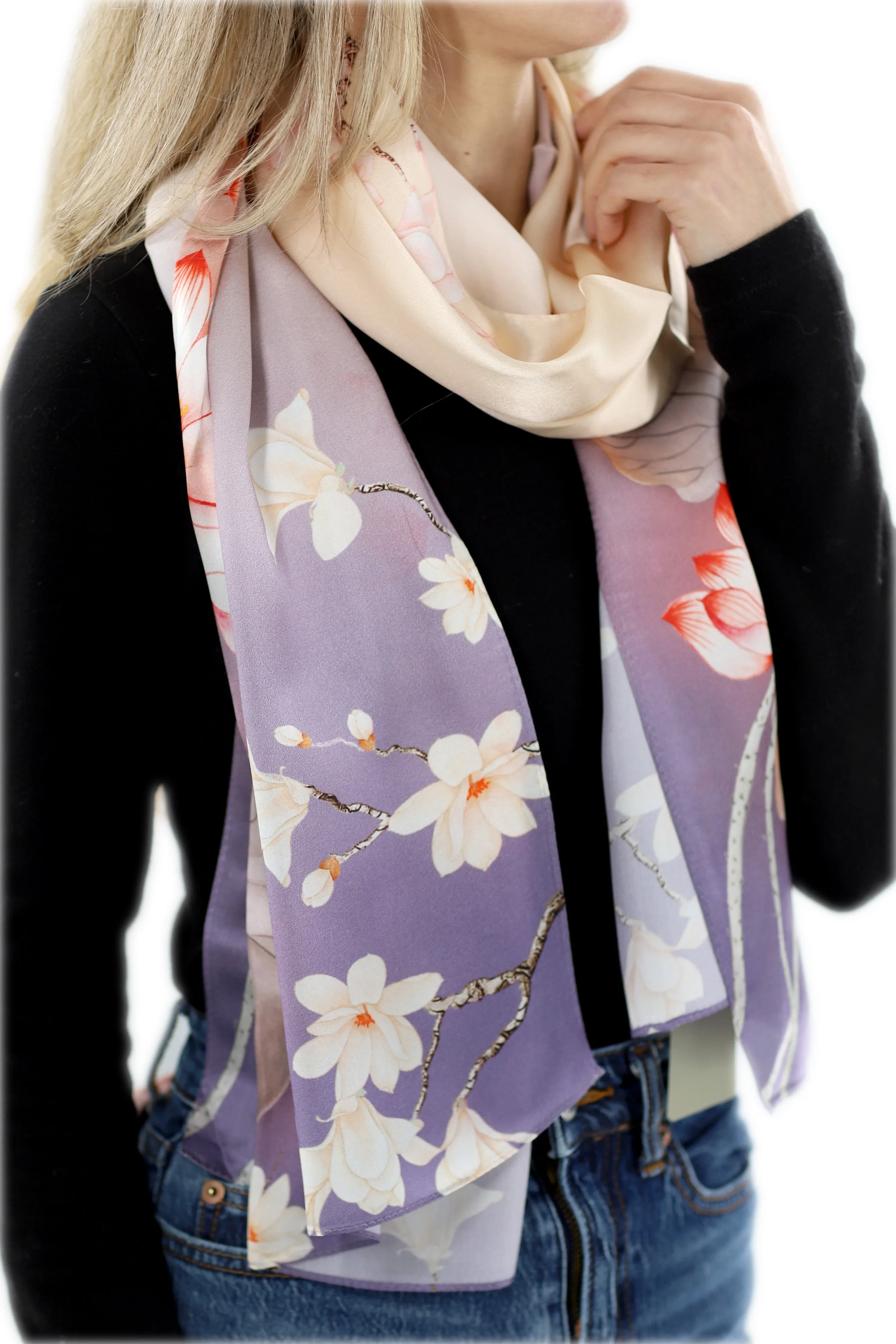 Elegant 100% Silk Floral Print Scarf - Purple - One Size (38x30in)