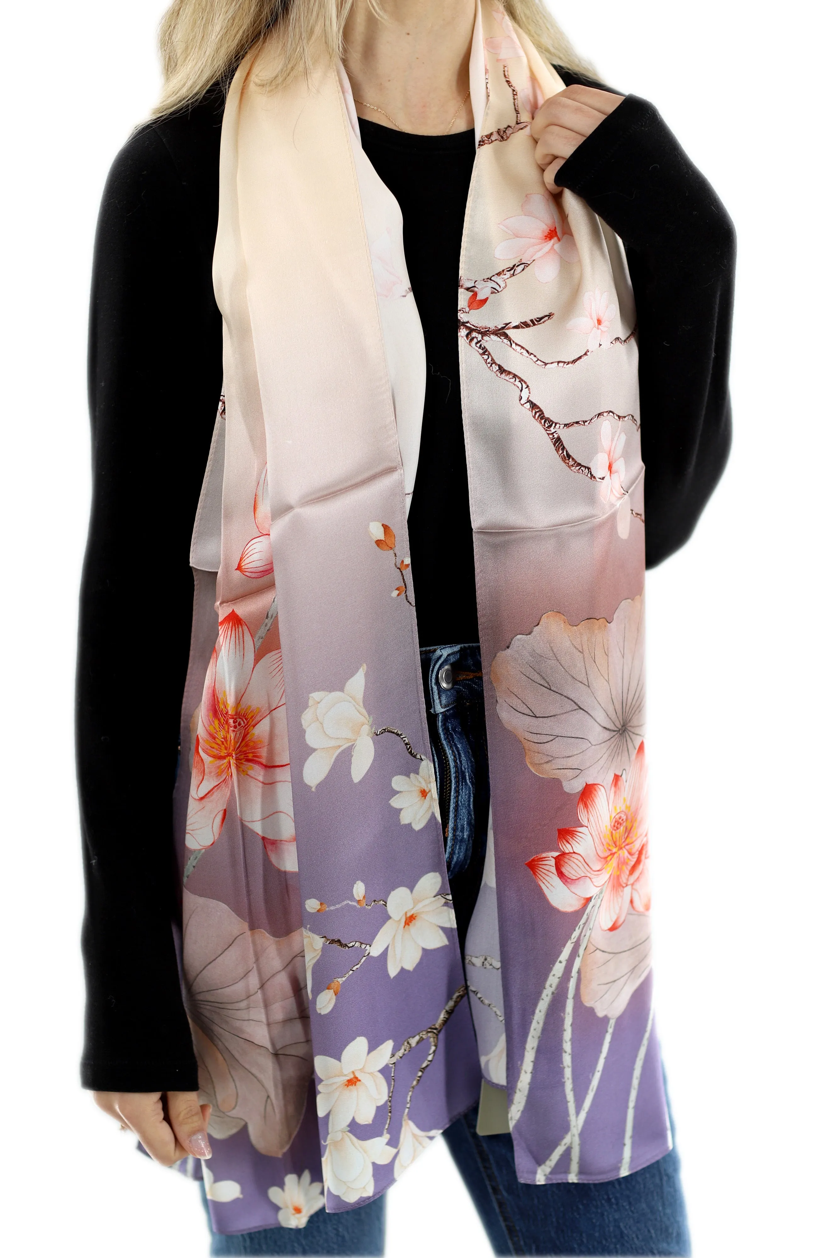 Elegant 100% Silk Floral Print Scarf - Purple - One Size (38x30in)