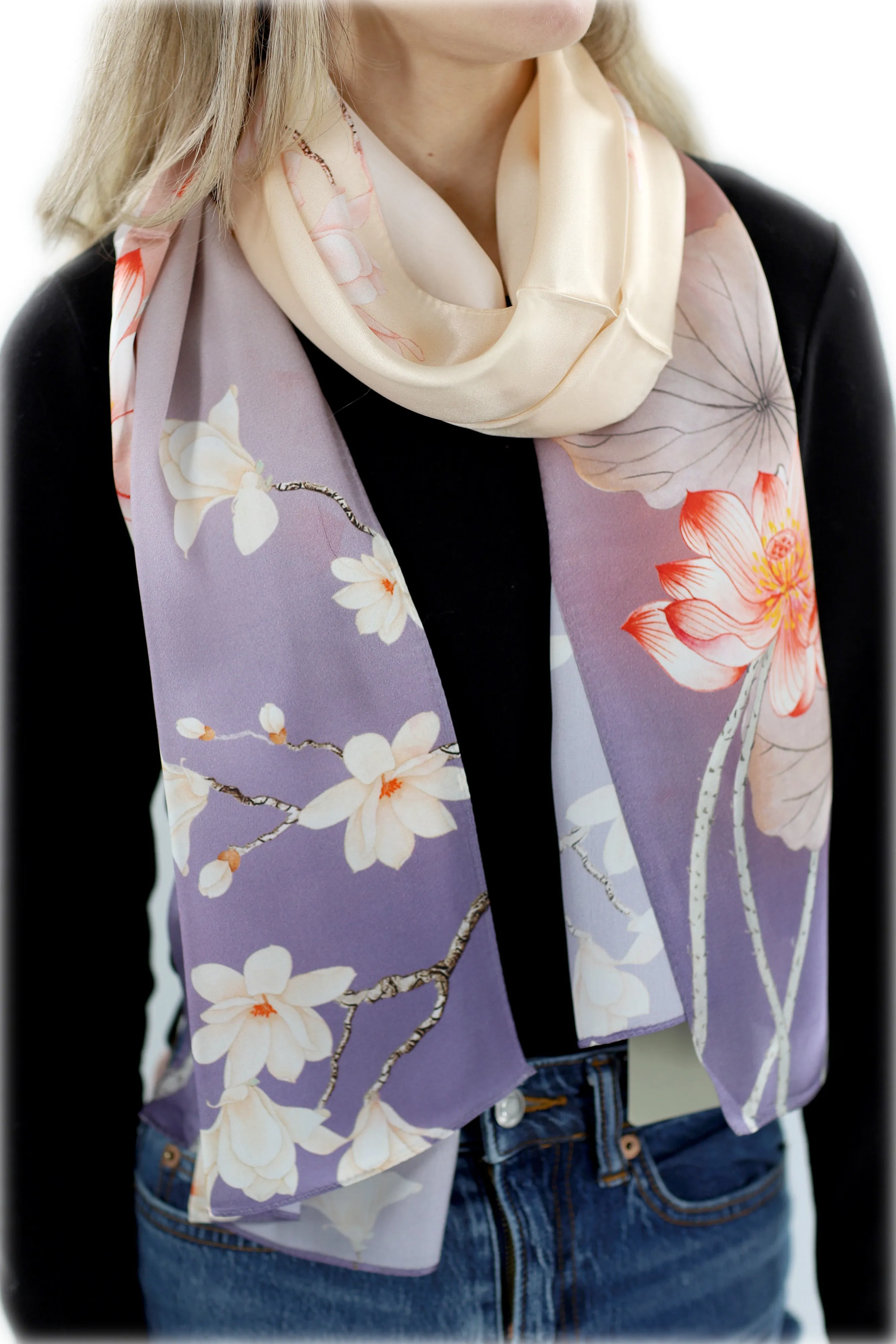 Elegant 100% Silk Floral Print Scarf - Purple - One Size (38x30in)