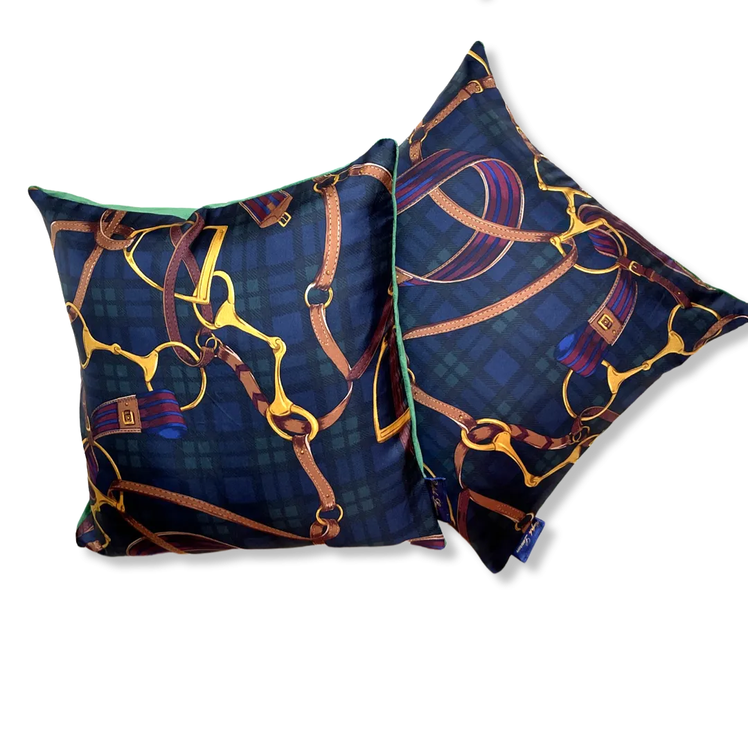 Equestrian Black Watch Tartan Vintage Silk Scarf Pillows 18"