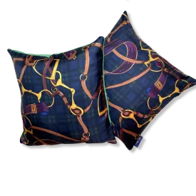 Equestrian Black Watch Tartan Vintage Silk Scarf Pillows 18"