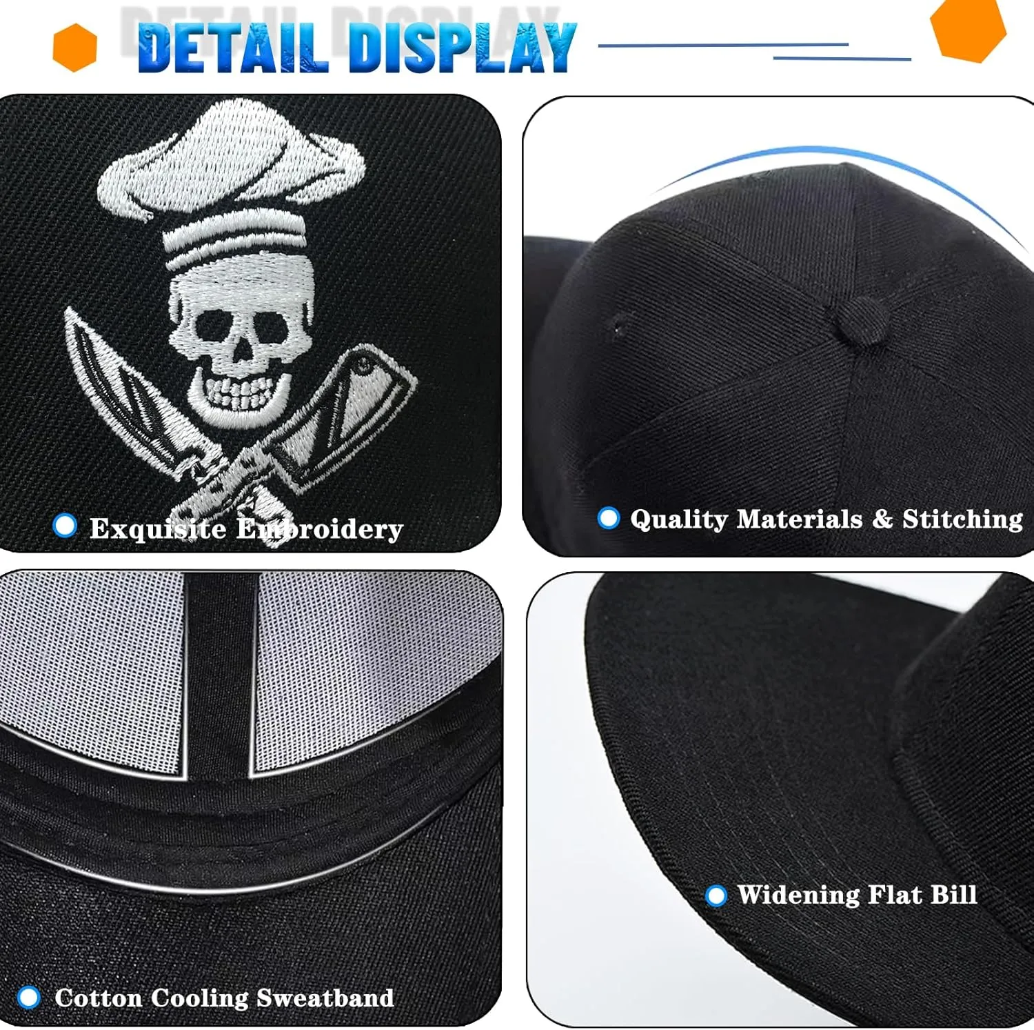 Flat Bill Hats for Men Embroidery Mens Snapback Hats Flat Brim Snap Back Skeleton Skull Hat