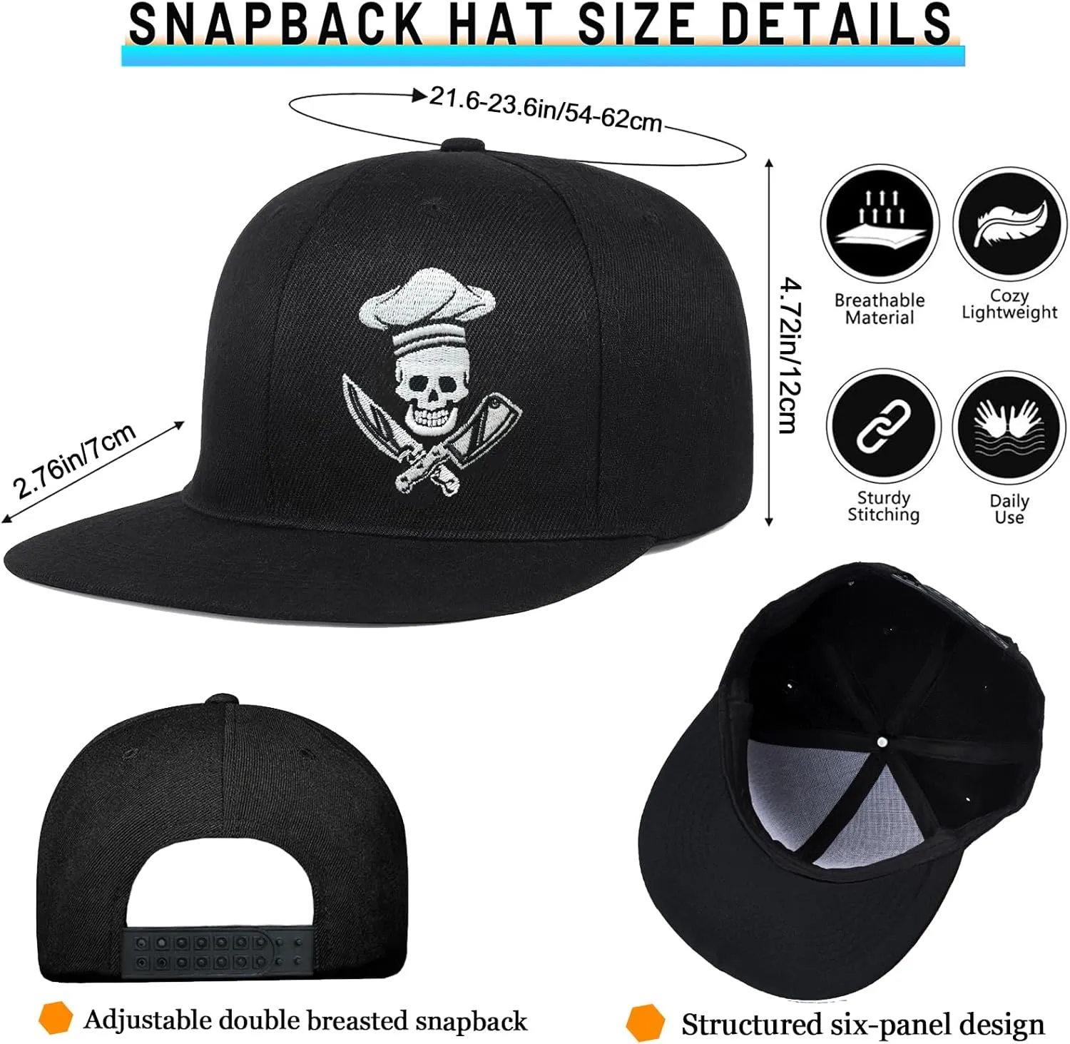 Flat Bill Hats for Men Embroidery Mens Snapback Hats Flat Brim Snap Back Skeleton Skull Hat