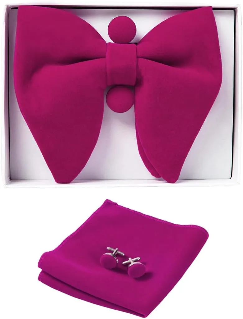 GUSLESON Mens Solid Plaid Velvet Pre-tied Adjustable Bow Tie and Pocket Square Cufflink Set with Gift Box
