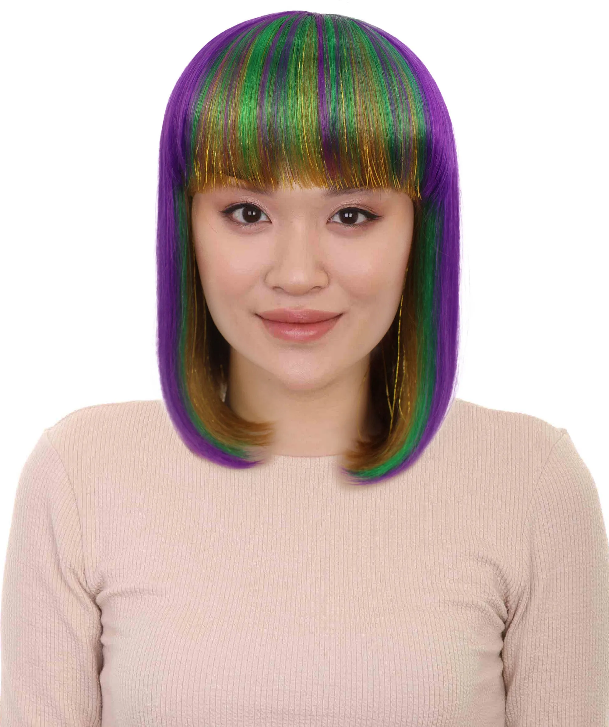 HPO Adult Women's Multicolor Mardi Grass Festival Bob Wig with Bangs I Cosplay Wig I Flame-retardant Synthetic Fiber