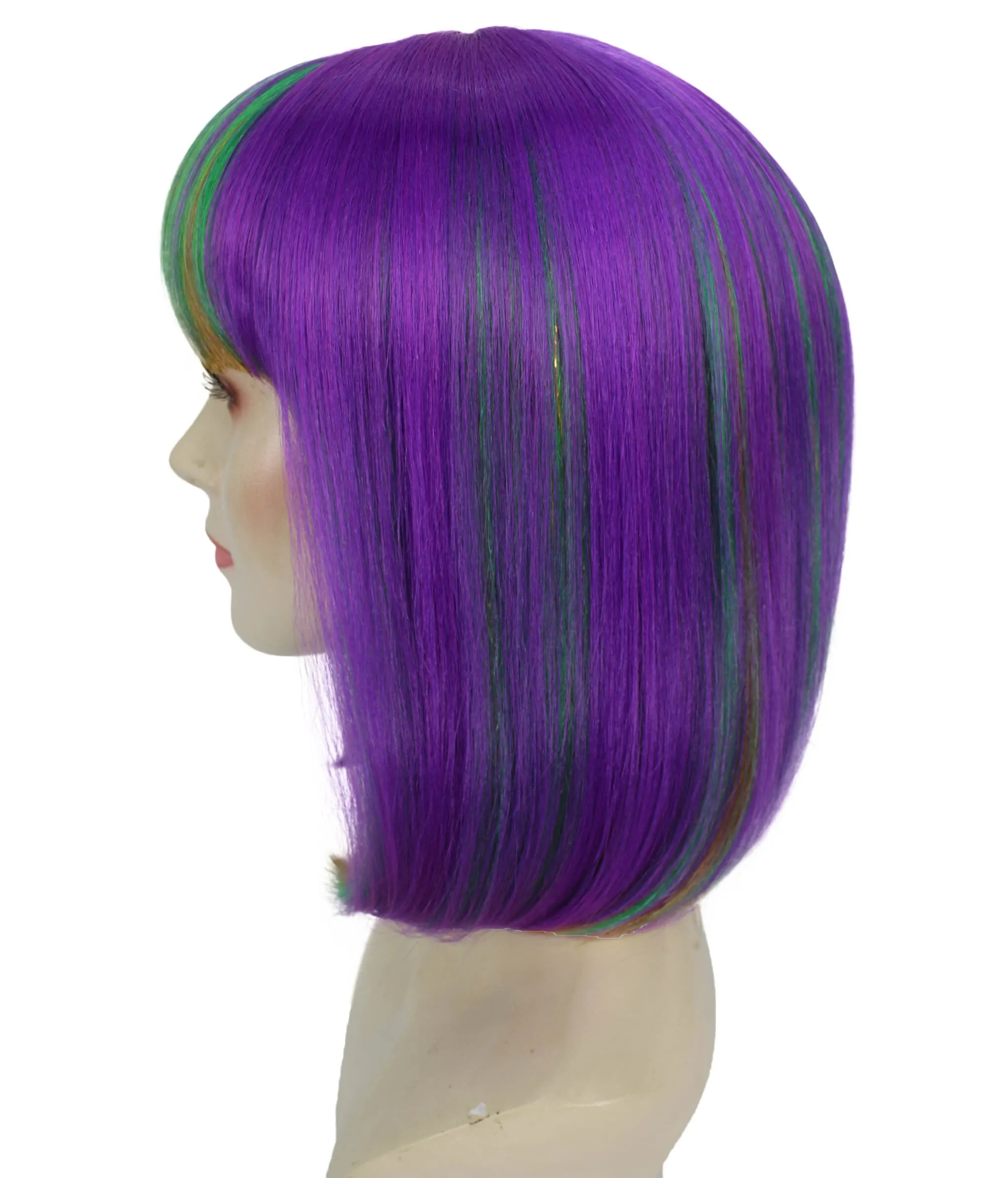 HPO Adult Women's Multicolor Mardi Grass Festival Bob Wig with Bangs I Cosplay Wig I Flame-retardant Synthetic Fiber