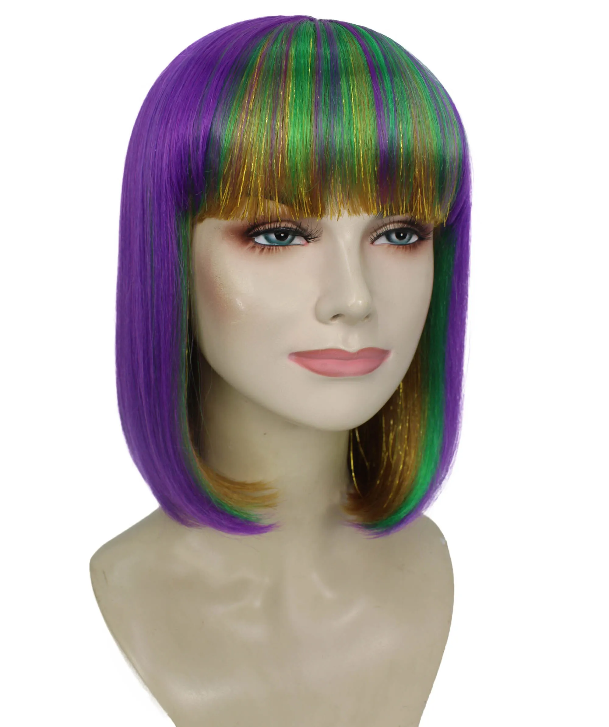 HPO Adult Women's Multicolor Mardi Grass Festival Bob Wig with Bangs I Cosplay Wig I Flame-retardant Synthetic Fiber