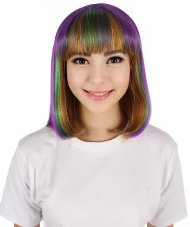 HPO Adult Women's Multicolor Mardi Grass Festival Bob Wig with Bangs I Cosplay Wig I Flame-retardant Synthetic Fiber