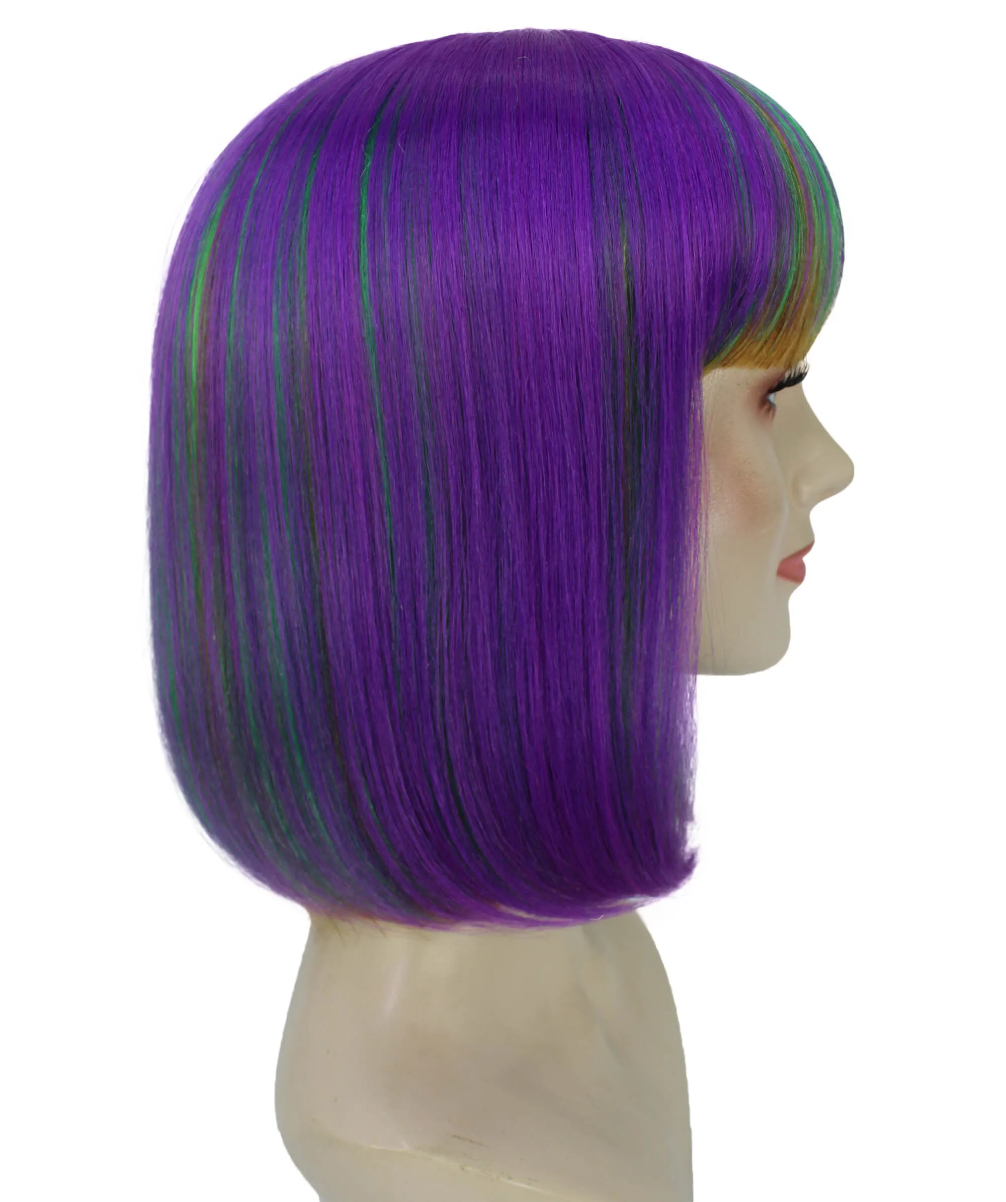 HPO Adult Women's Multicolor Mardi Grass Festival Bob Wig with Bangs I Cosplay Wig I Flame-retardant Synthetic Fiber