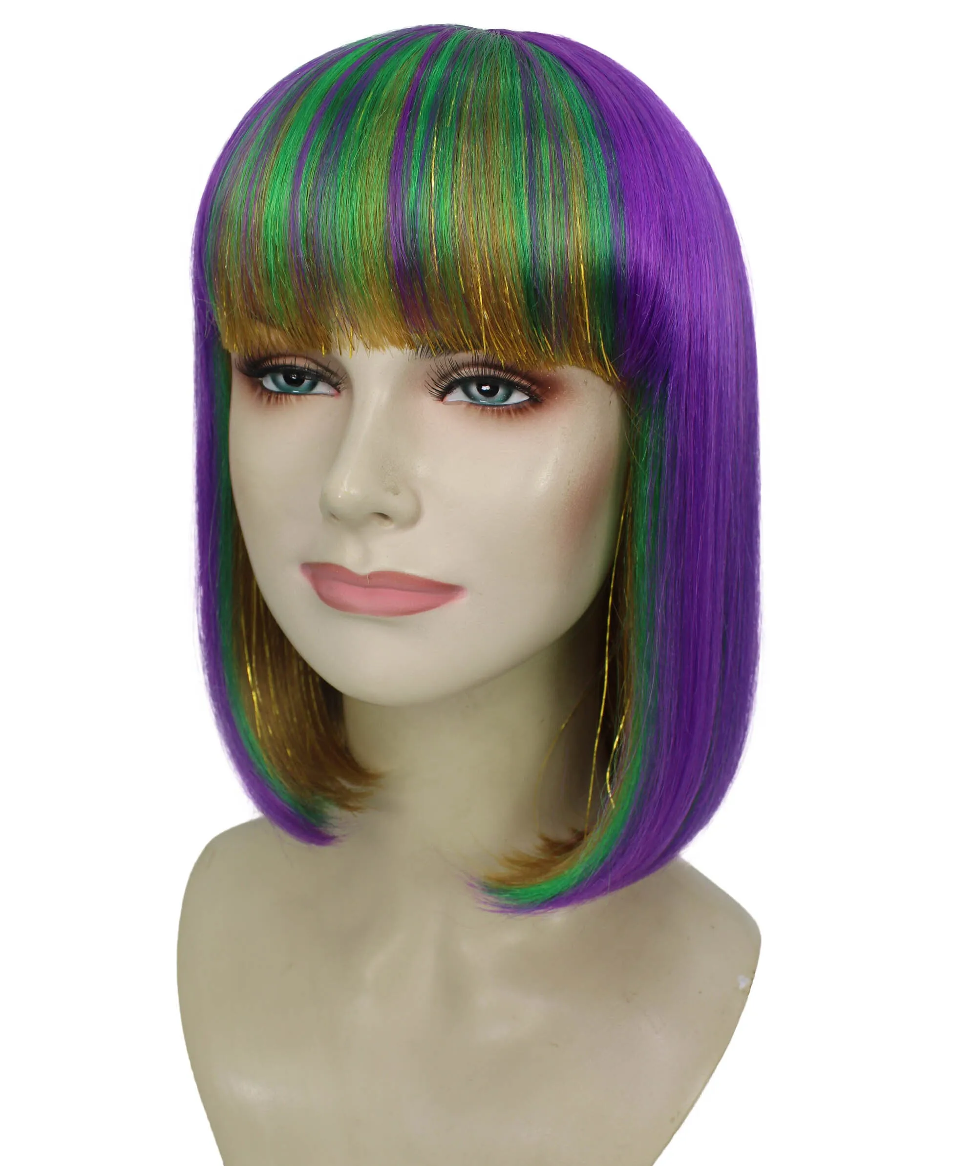 HPO Adult Women's Multicolor Mardi Grass Festival Bob Wig with Bangs I Cosplay Wig I Flame-retardant Synthetic Fiber
