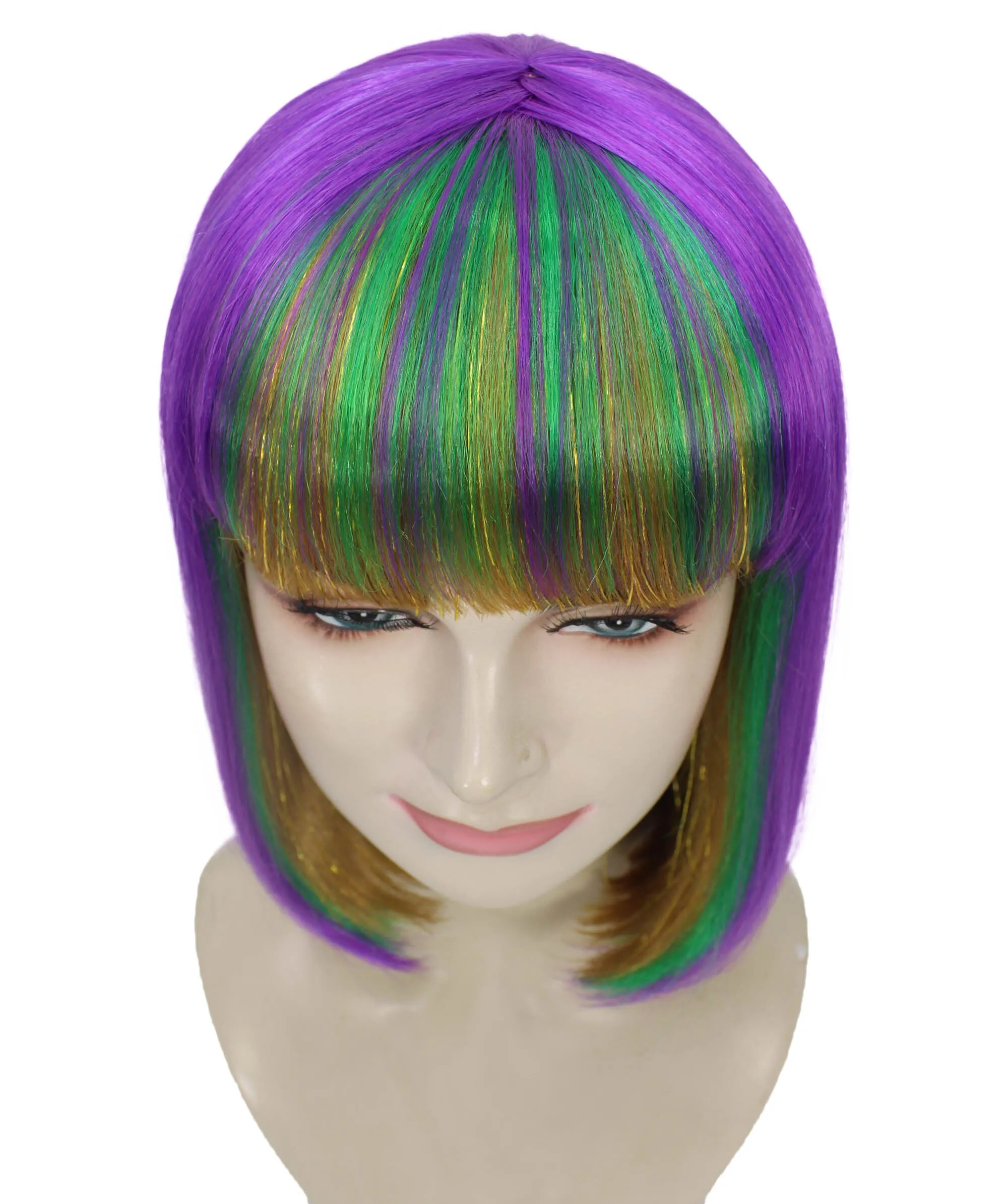 HPO Adult Women's Multicolor Mardi Grass Festival Bob Wig with Bangs I Cosplay Wig I Flame-retardant Synthetic Fiber
