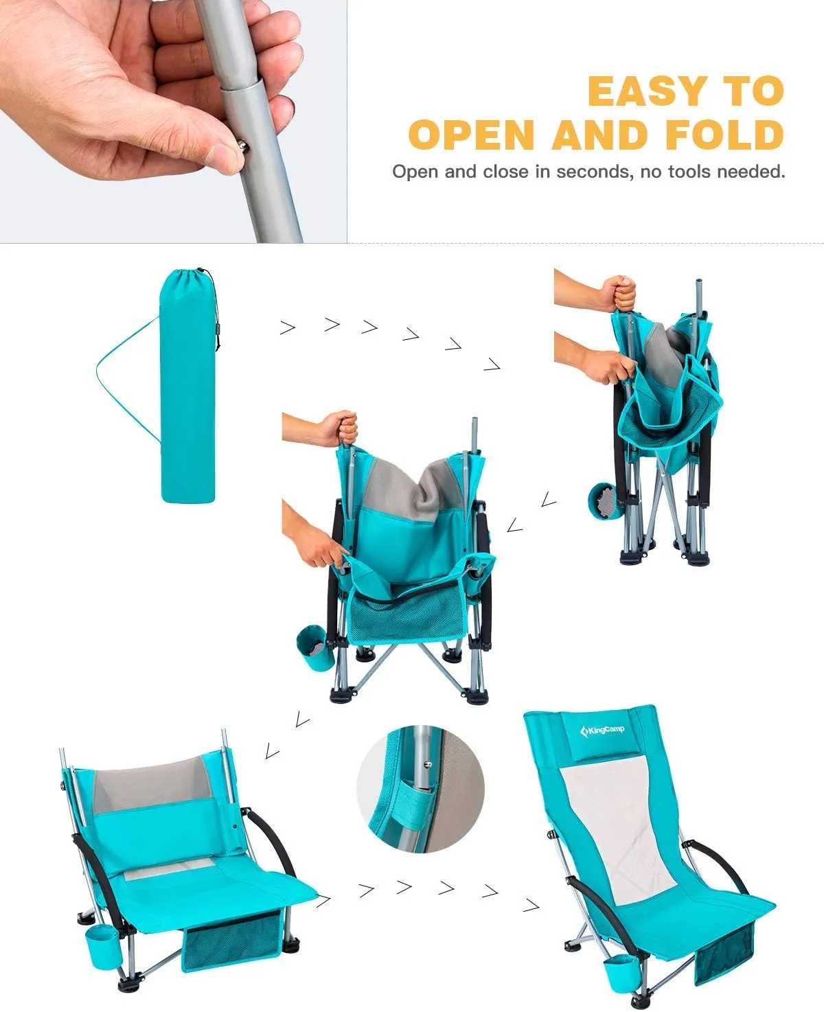 KingCamp Folding Beach Chair High Back Lightweight Portable Backpack Chair with Headrest, Cup Holder for Camping Outdoor Sand Concert Lawn Festival Sports, Cyan