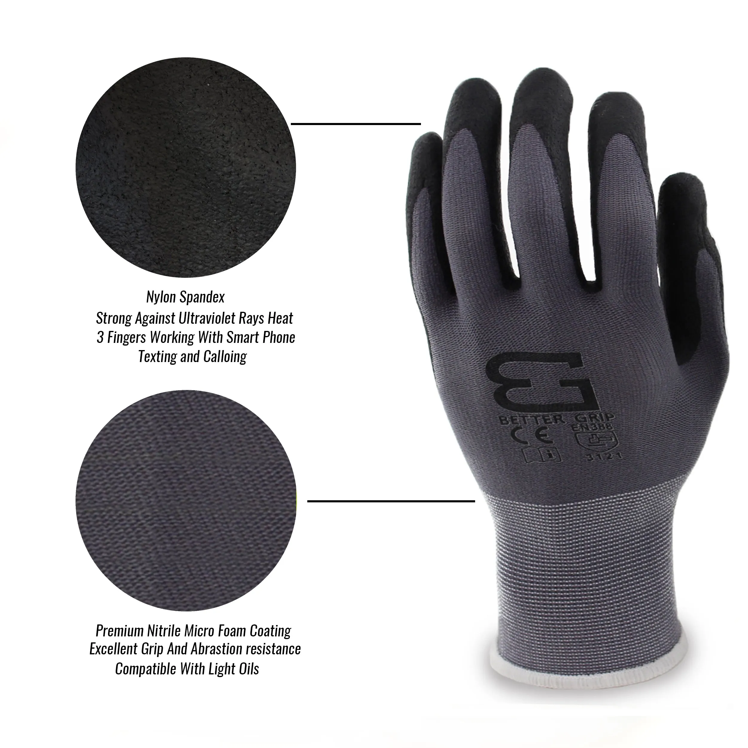 Micro Foam Nitrile Coated Nylon Work Glove - BGFLEXMF-GY