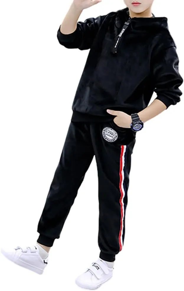 Monvecle Little to Big Boys' Velour & Fleece Hoodie Tracksuit Sweatshirt Top   Sweatpant Velvet Fleece Jogger 2pcs Set