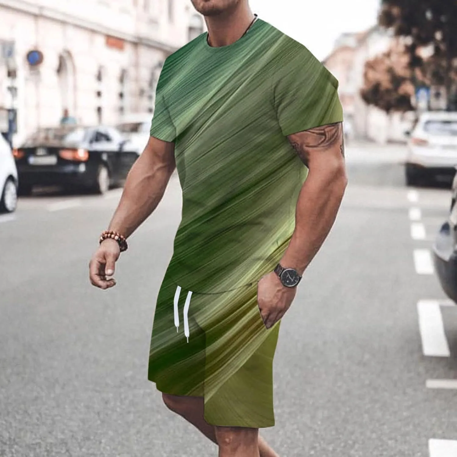 Muscularfit Mens Short Sets 2 Piece Outfits Causal Gradient Color Tracksuit Sweatshirt and Drawstring Shorts Set for Men 2023