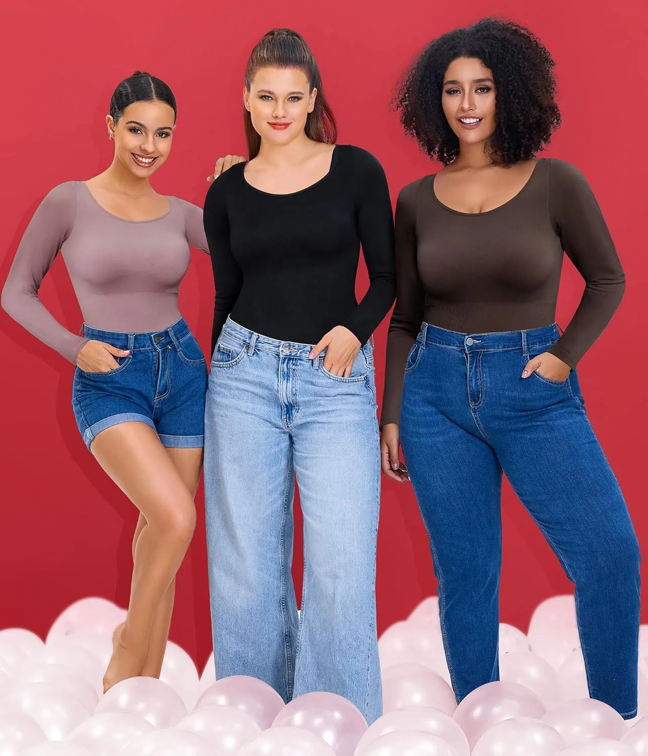Nebility Long Sleeve Bodysuit for Women Tummy Control Crew Neck Body Suits Tops Slim Fit