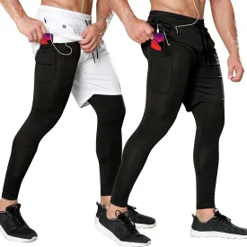 Odoland 2 Pack Mens Compression Running Pants, 2 in 1 Quick Dry Athletic Workout Sweatpants Shorts Gym Leggings with Pocket