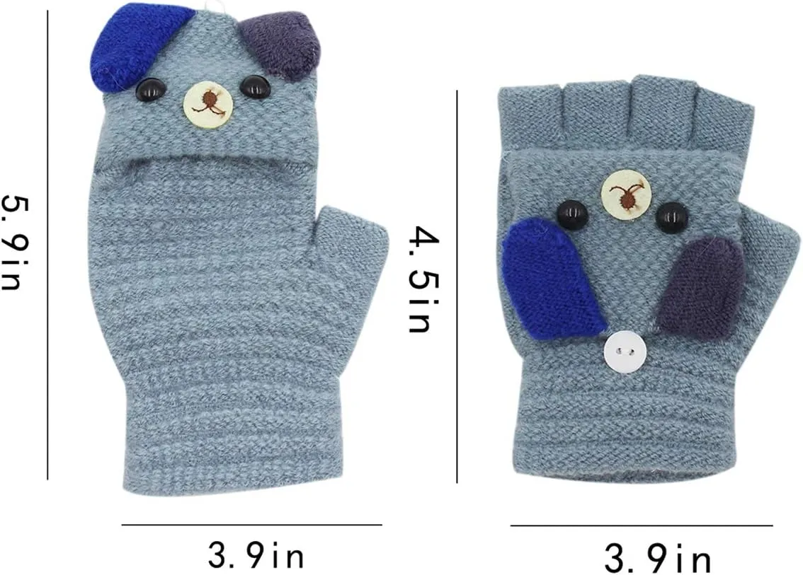 RARITYUS Unisex Warm Soft Winter Knit Gloves for Kids Boys Girls Glove with Dog Mittens (2 to 9Y)