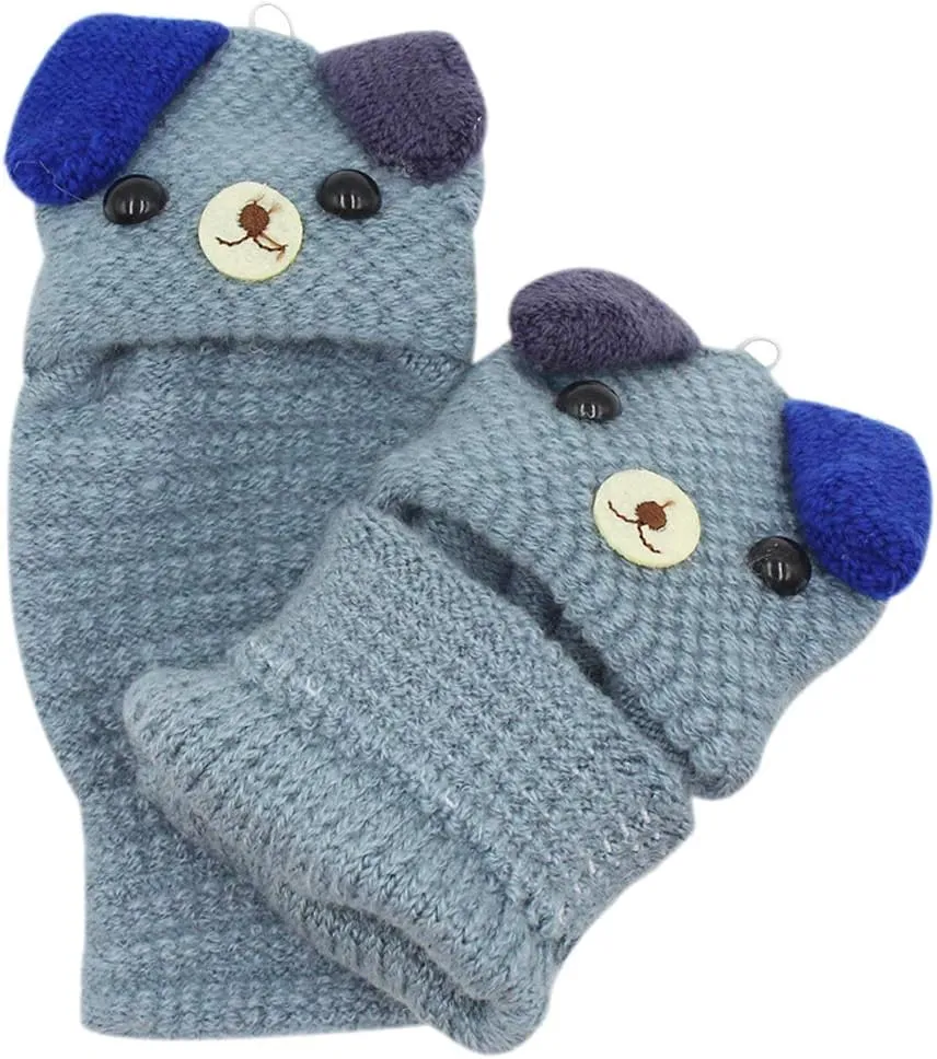 RARITYUS Unisex Warm Soft Winter Knit Gloves for Kids Boys Girls Glove with Dog Mittens (2 to 9Y)