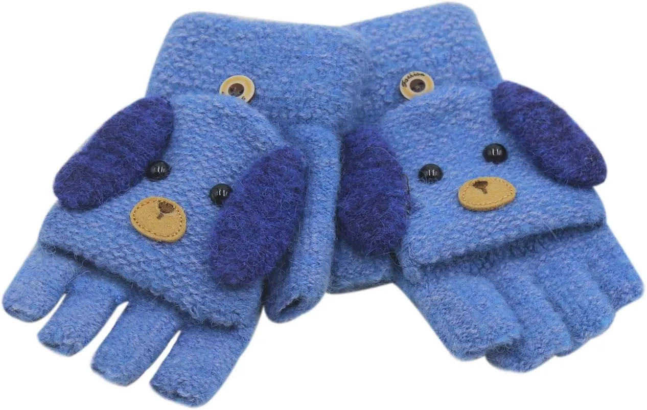 RARITYUS Unisex Warm Soft Winter Knit Gloves for Kids Boys Girls Glove with Dog Mittens (2 to 9Y)