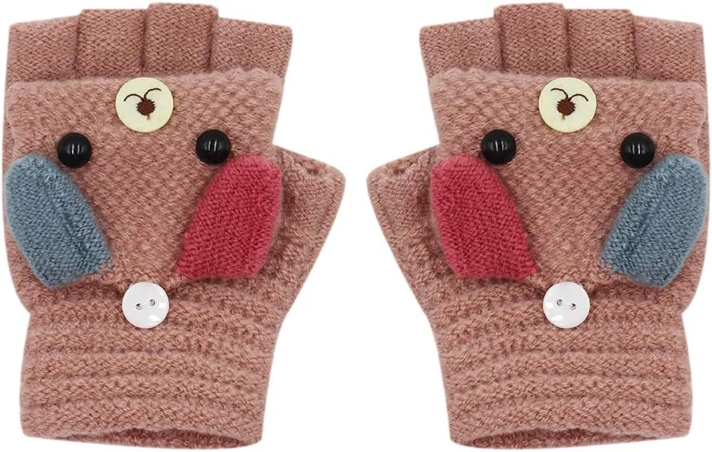 RARITYUS Unisex Warm Soft Winter Knit Gloves for Kids Boys Girls Glove with Dog Mittens (2 to 9Y)