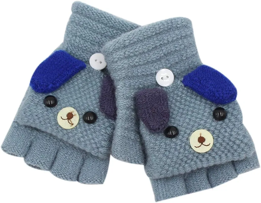 RARITYUS Unisex Warm Soft Winter Knit Gloves for Kids Boys Girls Glove with Dog Mittens (2 to 9Y)