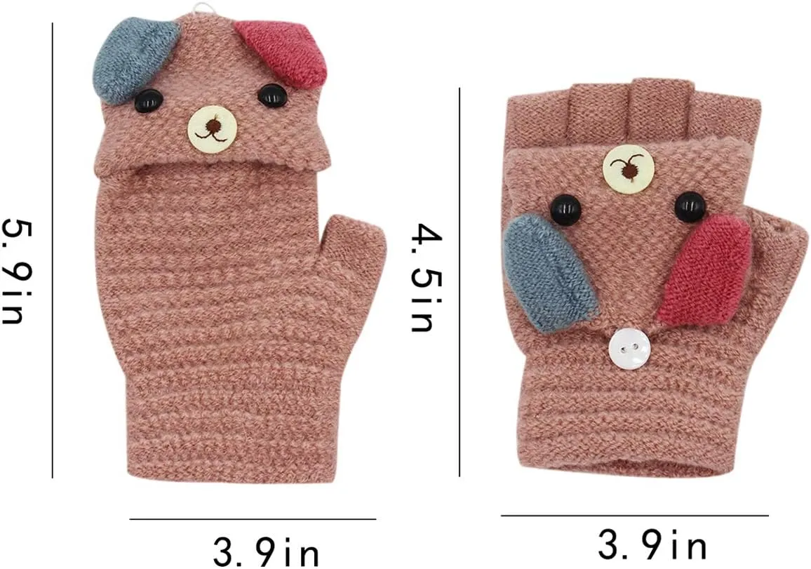RARITYUS Unisex Warm Soft Winter Knit Gloves for Kids Boys Girls Glove with Dog Mittens (2 to 9Y)