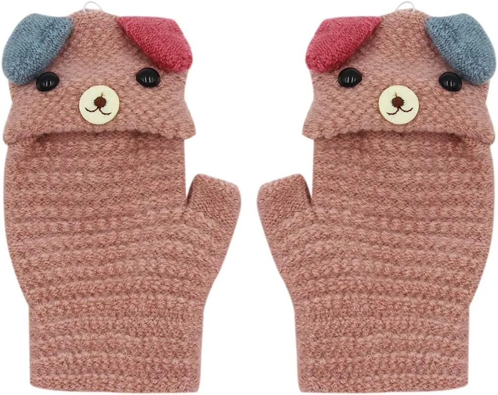 RARITYUS Unisex Warm Soft Winter Knit Gloves for Kids Boys Girls Glove with Dog Mittens (2 to 9Y)
