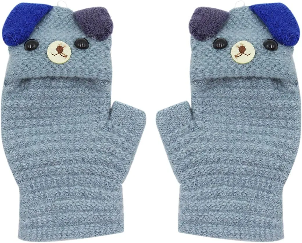 RARITYUS Unisex Warm Soft Winter Knit Gloves for Kids Boys Girls Glove with Dog Mittens (2 to 9Y)