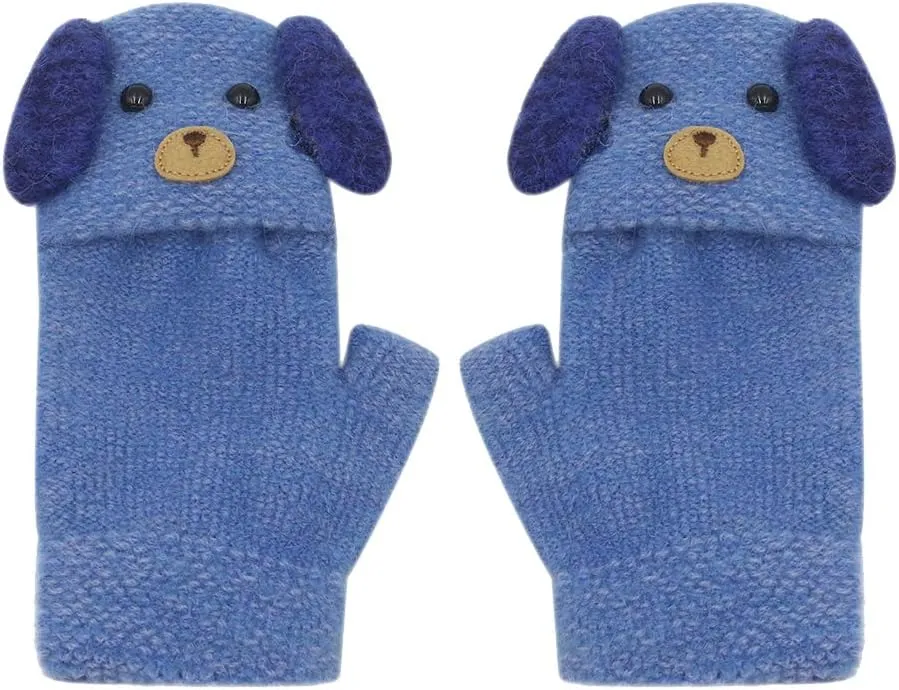 RARITYUS Unisex Warm Soft Winter Knit Gloves for Kids Boys Girls Glove with Dog Mittens (2 to 9Y)