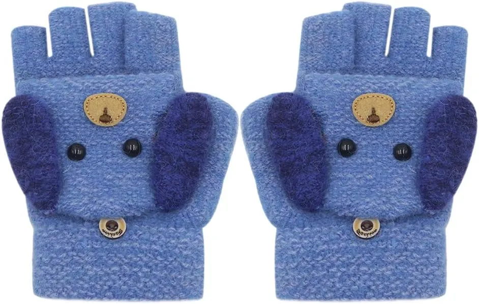 RARITYUS Unisex Warm Soft Winter Knit Gloves for Kids Boys Girls Glove with Dog Mittens (2 to 9Y)