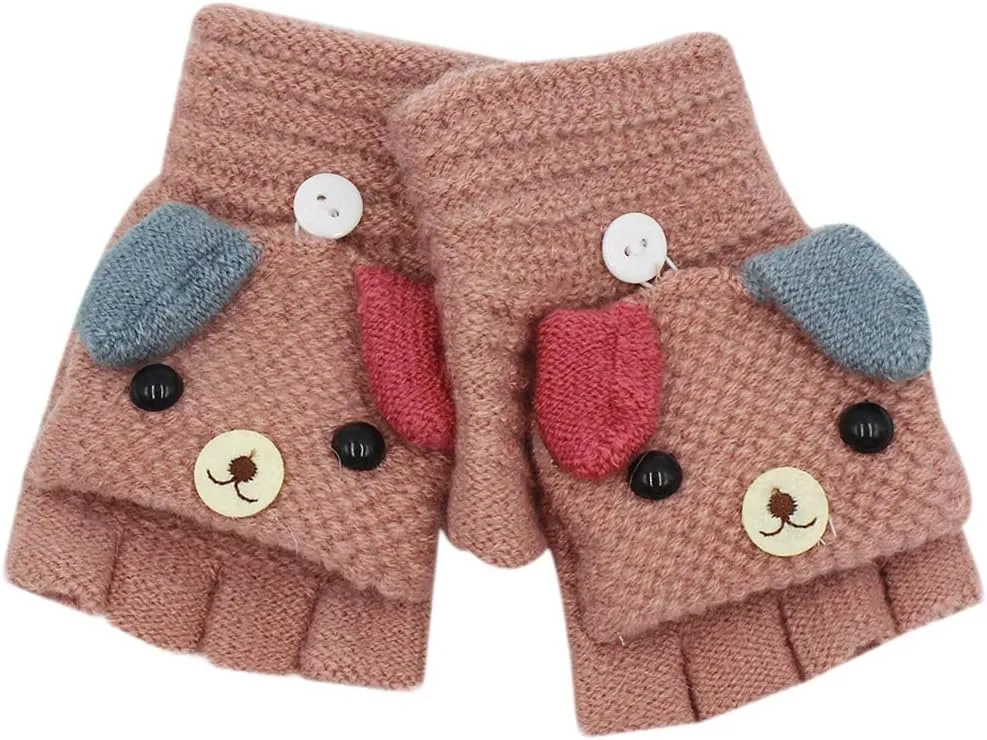 RARITYUS Unisex Warm Soft Winter Knit Gloves for Kids Boys Girls Glove with Dog Mittens (2 to 9Y)