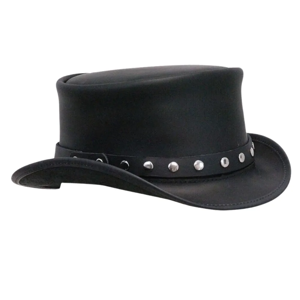 Rivet Trim Black Leather Top Hat