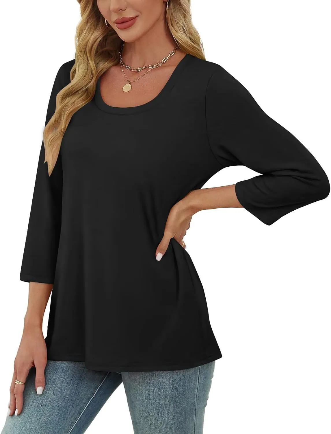 Scoop Neck 3/4 Sleeve Tees for Women Dressy Casual Gradient Tunic Solid Color Block Tops Blouses Summer Stripes Tee