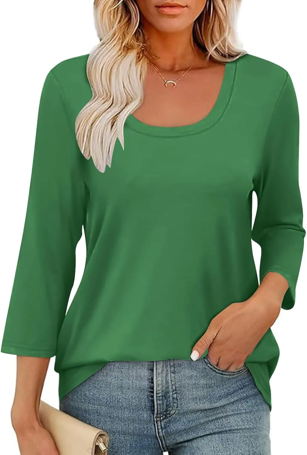 Scoop Neck 3/4 Sleeve Tees for Women Dressy Casual Gradient Tunic Solid Color Block Tops Blouses Summer Stripes Tee