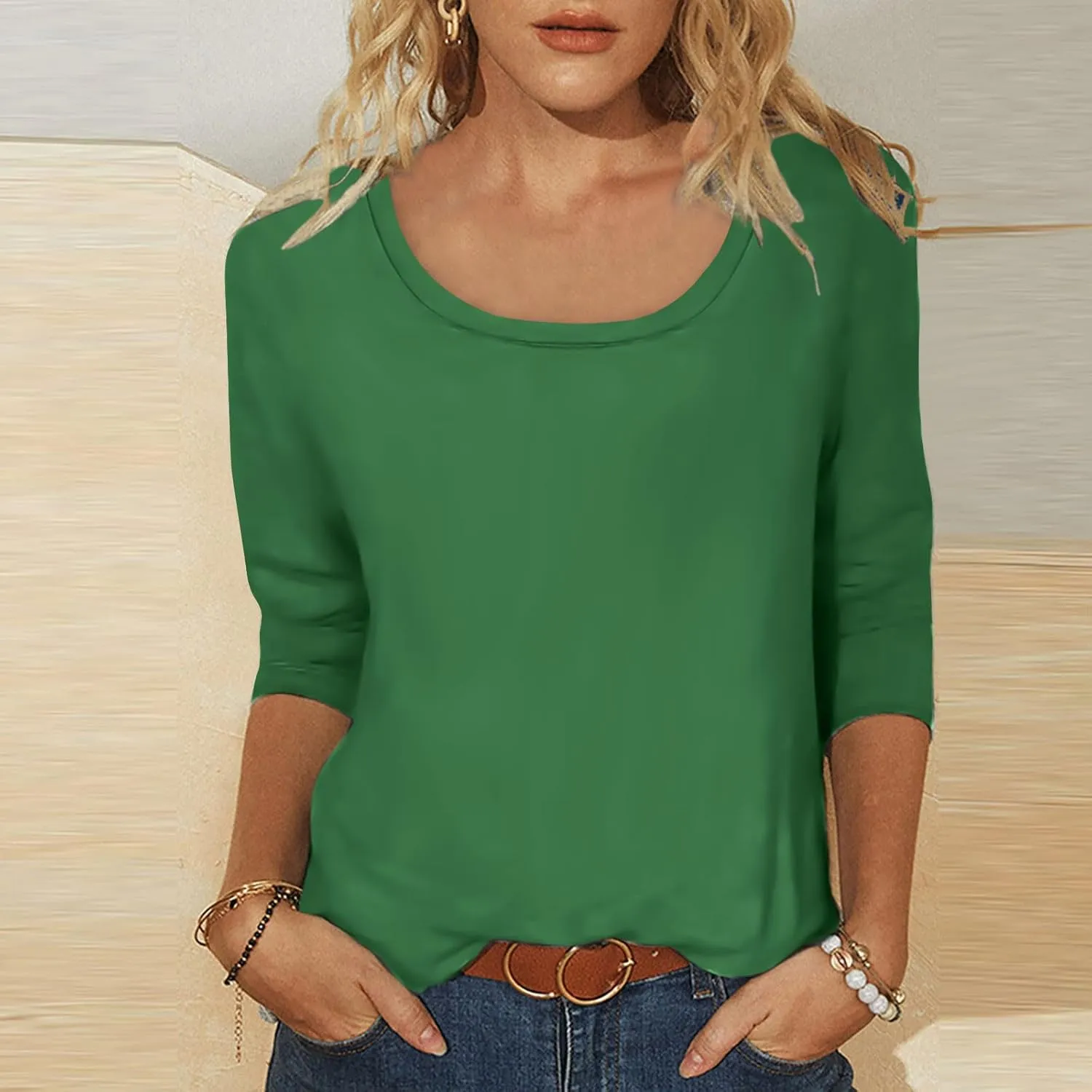 Scoop Neck 3/4 Sleeve Tees for Women Dressy Casual Gradient Tunic Solid Color Block Tops Blouses Summer Stripes Tee