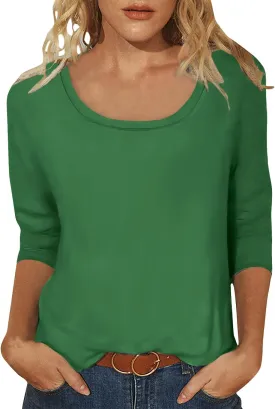 Scoop Neck 3/4 Sleeve Tees for Women Dressy Casual Gradient Tunic Solid Color Block Tops Blouses Summer Stripes Tee