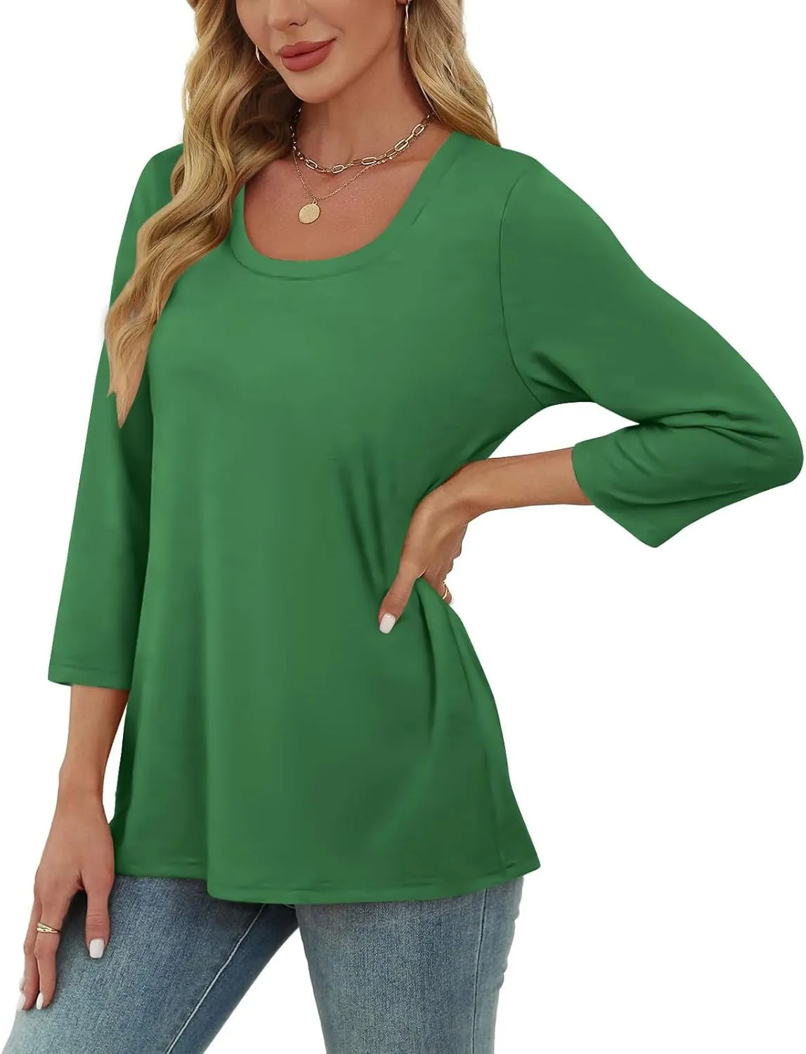Scoop Neck 3/4 Sleeve Tees for Women Dressy Casual Gradient Tunic Solid Color Block Tops Blouses Summer Stripes Tee
